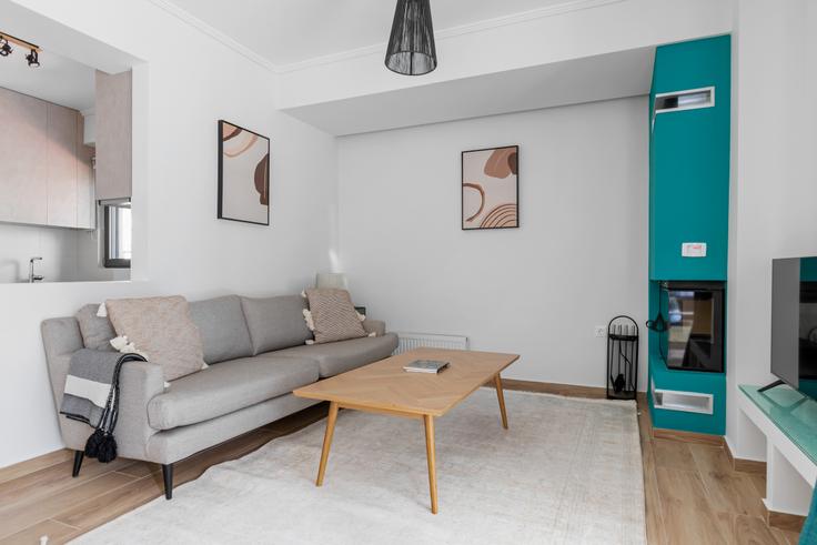 Chic living room with minimalist design from a furnished apartment in Chalandri, Athens