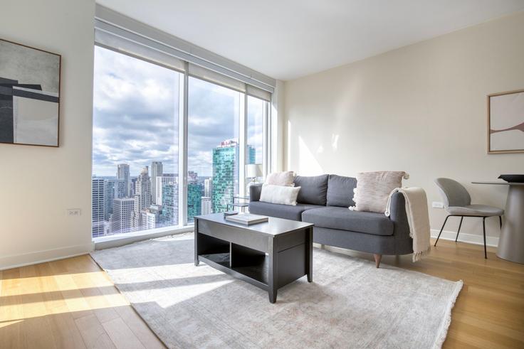 Elegantly designed living room with modern furnishings in an apartment at North Water in Streeterville, Chicago