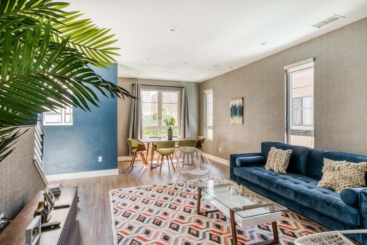 Elegantly designed living room with modern furnishings in an apartment at 10734 Bloomfield St in North Hollywood, Los Angeles