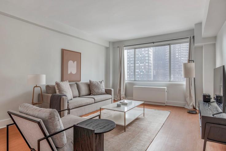 Salle de séjour élégante avec mobilier moderne dans un appartement à Stonehenge 51 à Manhattan, New York Salle de séjour élégante avec mobilier moderne dans un appartement à Stonehenge 51 à Manhattan, New York
