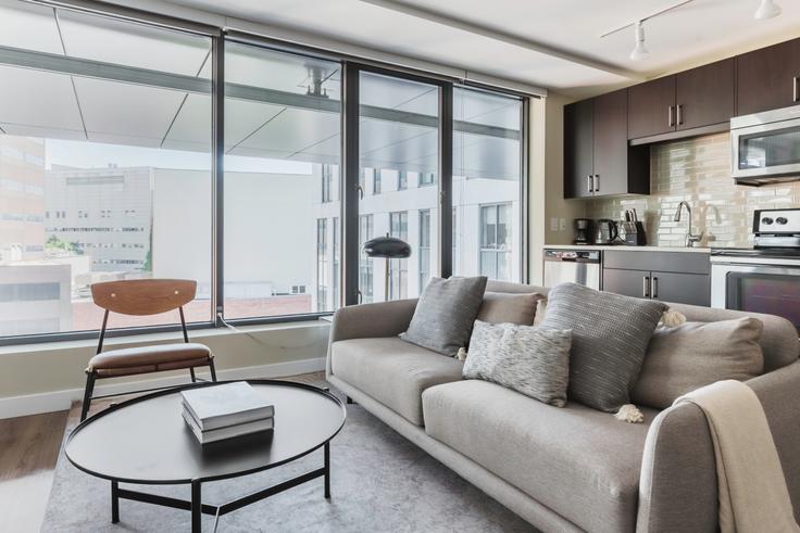 Elegant gestaltetes Wohnzimmer mit moderner Einrichtung in einer Wohnung im Luka on the common in Boston, Boston Elegant gestaltetes Wohnzimmer mit moderner Einrichtung in einer Wohnung im Luka on the common in Boston, Boston