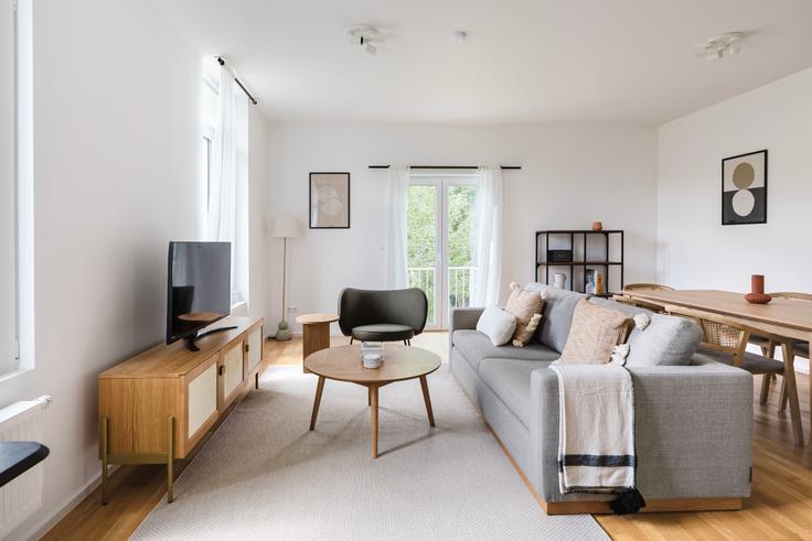 Elegantly designed living room with modern furnishings in an apartment at Raspert 17A, 2414, Weimerskirch in Weimerskirch, Luxembourg