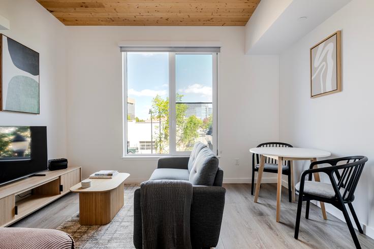 Salle de séjour élégante avec mobilier moderne dans un appartement à The Guild à Somerville, Somerville Salle de séjour élégante avec mobilier moderne dans un appartement à The Guild à Somerville, Somerville