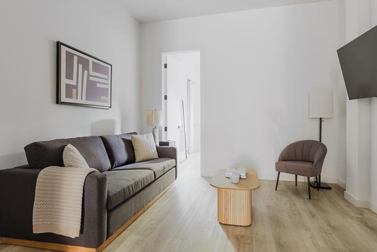 Salle de séjour élégante avec mobilier moderne dans un appartement à The Katie 253 à Brooklyn, New York Salle de séjour élégante avec mobilier moderne dans un appartement à The Katie 253 à Brooklyn, New York