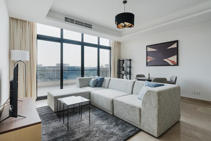 Elegantly designed living room with modern furnishings in an apartment at Cairo Festival City, Building 1B in Cairo Festival City (CFC), Cairo