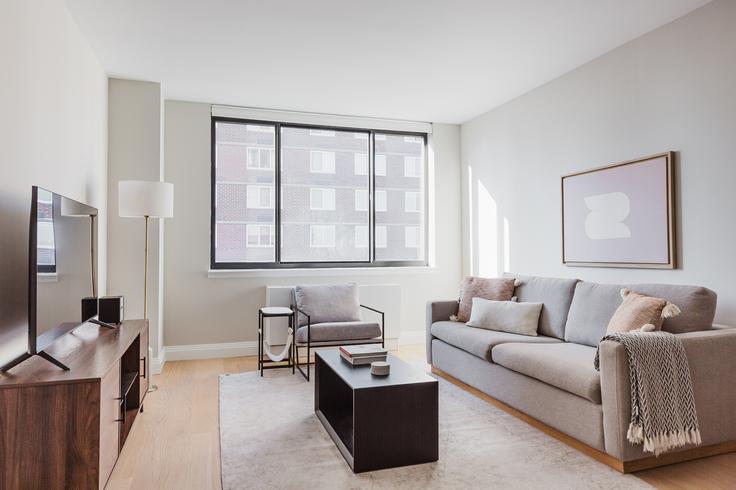 Elegante sala de estar con mobiliario moderno en un apartamento en 345 E 94th en Manhattan, New York Elegante sala de estar con mobiliario moderno en un apartamento en 345 E 94th en Manhattan, New York