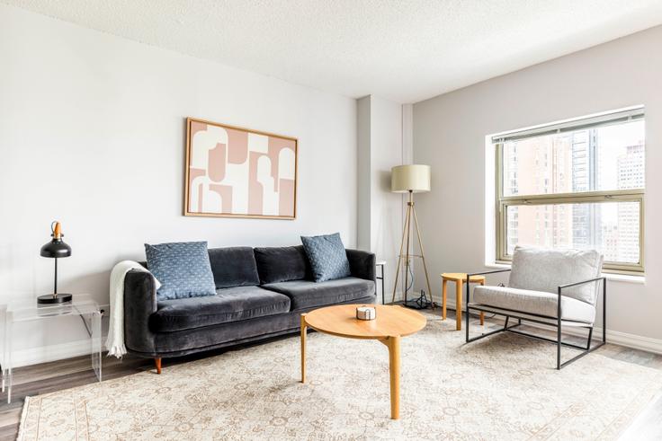 Elegant gestaltetes Wohnzimmer mit moderner Einrichtung in einer Wohnung im Chestnut Place in Chicago, Chicago Elegant gestaltetes Wohnzimmer mit moderner Einrichtung in einer Wohnung im Chestnut Place in Chicago, Chicago