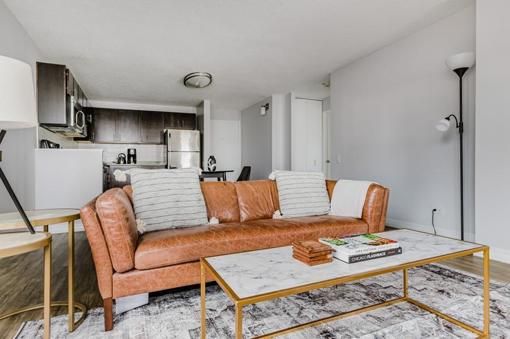 Elegante sala de estar con mobiliario moderno en un apartamento en Chestnut Place en Chicago, Chicago