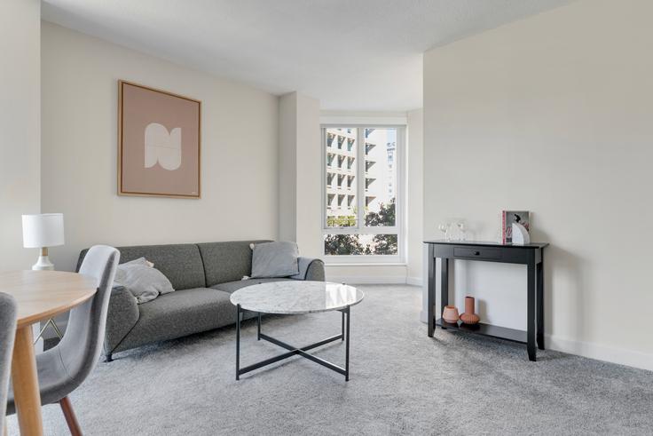 Elegante sala de estar con mobiliario moderno en un apartamento en Greenhouse Apartments en Boston, Boston Elegante sala de estar con mobiliario moderno en un apartamento en Greenhouse Apartments en Boston, Boston