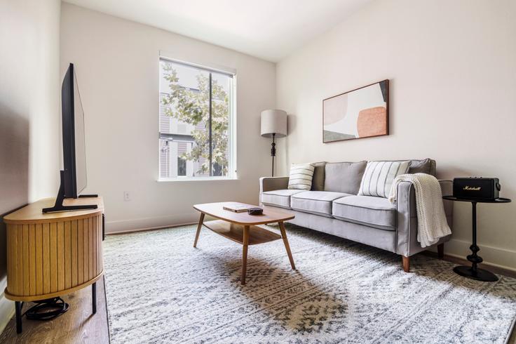 Elegantly designed living room with modern furnishings in an apartment at The Pearl in Austin, Austin Elegantly designed living room with modern furnishings in an apartment at The Pearl in Austin, Austin