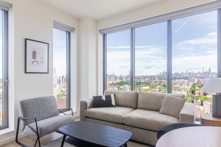 Salle de séjour élégante avec mobilier moderne dans un appartement à The Axel à Brooklyn, New York Salle de séjour élégante avec mobilier moderne dans un appartement à The Axel à Brooklyn, New York