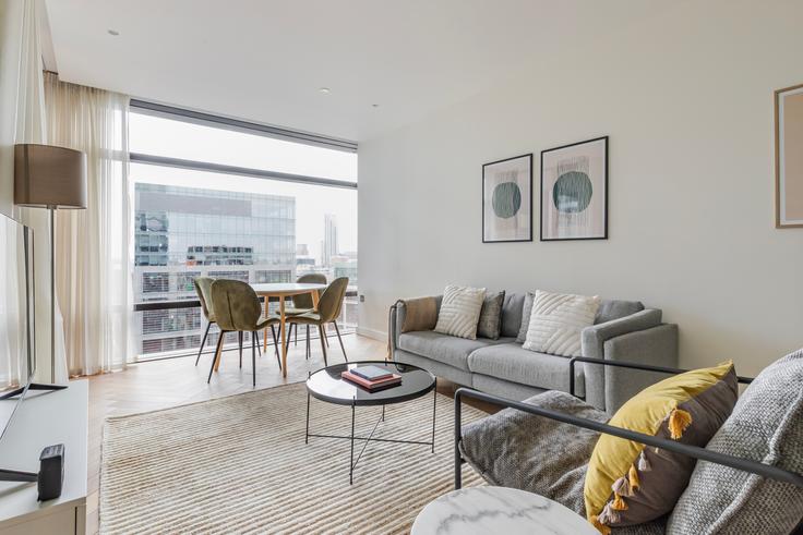Elegantly designed living room with modern furnishings in an apartment at Principal Tower in London Borough of Hackney, London Elegantly designed living room with modern furnishings in an apartment at Principal Tower in London Borough of Hackney, London