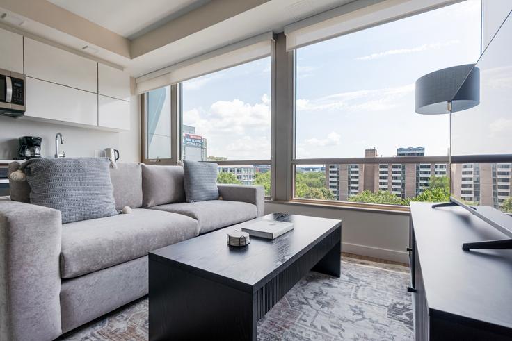 Elegant gestaltetes Wohnzimmer mit moderner Einrichtung in einer Wohnung im Artline in Washington, Washington Elegant gestaltetes Wohnzimmer mit moderner Einrichtung in einer Wohnung im Artline in Washington, Washington
