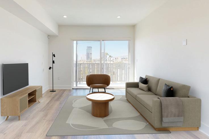 Los Angeles, Los Angeles 소재 Bentley Woodland 유닛에 마련된, 현대적인 가구로 꾸며진 우아한 디자인의 거실 Los Angeles, Los Angeles 소재 Bentley Woodland 유닛에 마련된, 현대적인 가구로 꾸며진 우아한 디자인의 거실