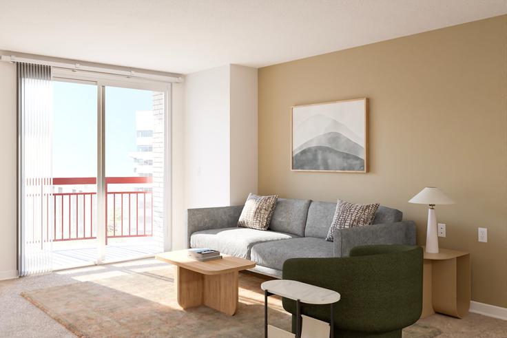 Avalon courthouse place adresindeki bir dairede modern mobilyalarla zarif bir şekilde tasarlanmış oturma odası Arlington, Arlington