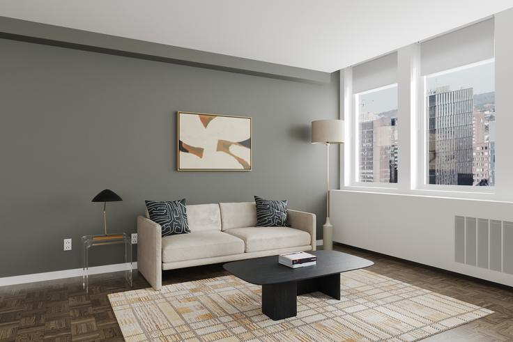 Elegante sala de estar con mobiliario moderno en un apartamento en Ava back bay en Boston, Boston Elegante sala de estar con mobiliario moderno en un apartamento en Ava back bay en Boston, Boston