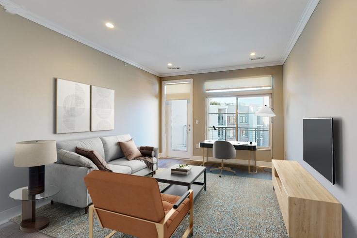 Elegante sala de estar con mobiliario moderno en un apartamento en Avalon great neck en Great Neck, North Hempstead Elegante sala de estar con mobiliario moderno en un apartamento en Avalon great neck en Great Neck, North Hempstead