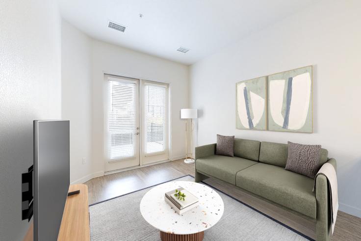 Elegante sala de estar con mobiliario moderno en un apartamento en Vue West - 1656279 en Denver, Denver