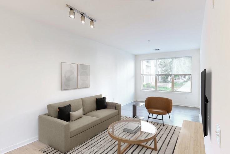 Avalon assembly row adresindeki bir dairede modern mobilyalarla zarif bir şekilde tasarlanmış oturma odası Somerville, Somerville