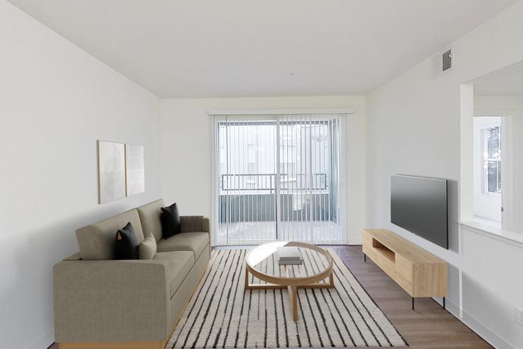 Sala de estar elegantemente projetada com móveis modernos em um apartamento no Avalon Silicon Valley - CA047-003 em Sunnyvale, Sunnyvale