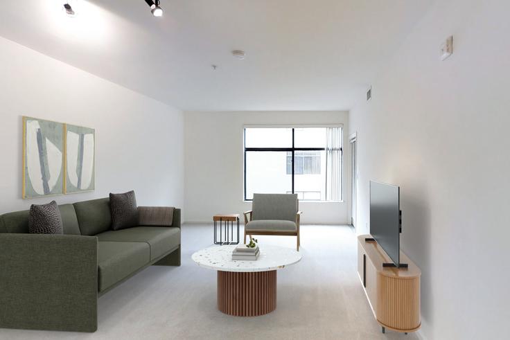 Elegant gestaltetes Wohnzimmer mit moderner Einrichtung in einer Wohnung im Avalon at cahill park in San Jose, San Jose