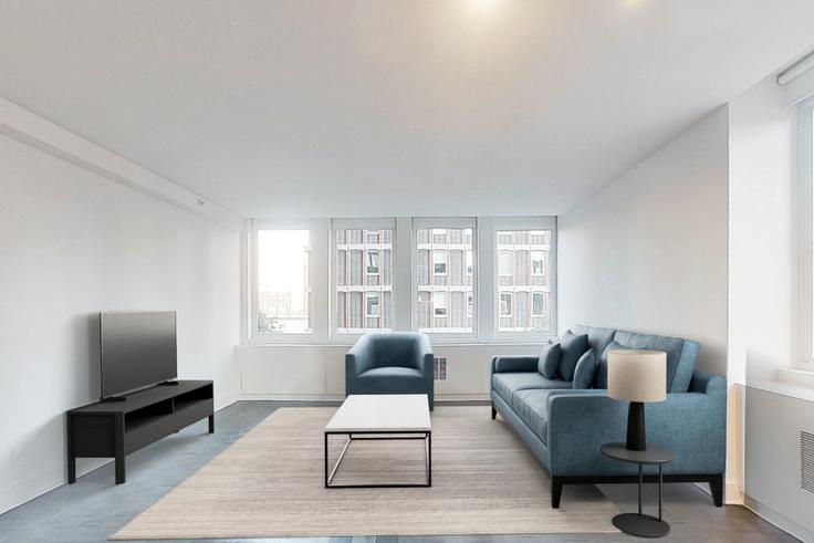 Elegante sala de estar con mobiliario moderno en un apartamento en Ava back bay en Boston, Boston Elegante sala de estar con mobiliario moderno en un apartamento en Ava back bay en Boston, Boston