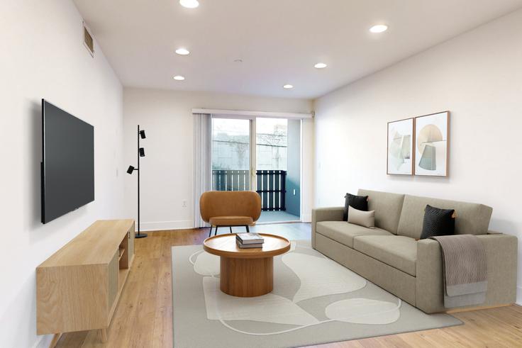 Sala de estar elegantemente projetada com móveis modernos em um apartamento no Beloit at Ohio em Los Angeles, Los Angeles Sala de estar elegantemente projetada com móveis modernos em um apartamento no Beloit at Ohio em Los Angeles, Los Angeles