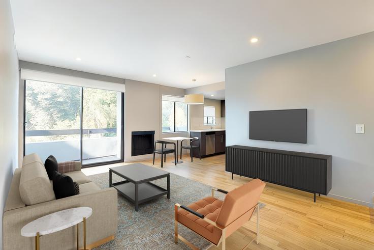 Los Angeles, Los Angeles 소재 888 Hilgard – Furnished Apartments 유닛에 마련된, 현대적인 가구로 꾸며진 우아한 디자인의 거실