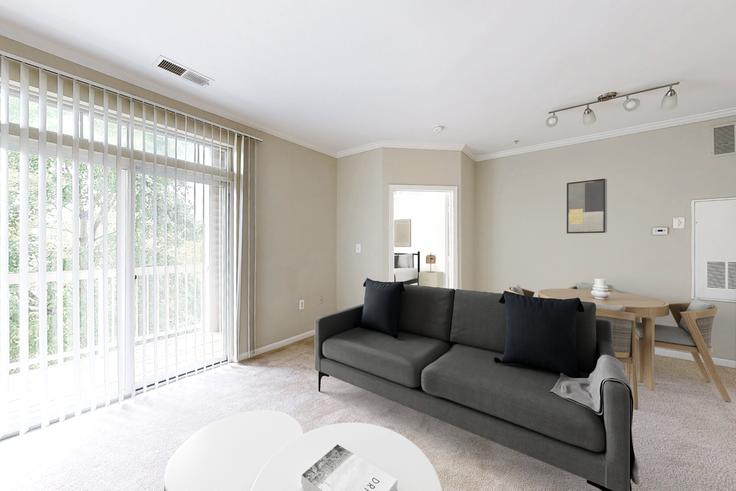 Salle de séjour élégante avec mobilier moderne dans un appartement à Avalon at Arlington Square à Arlington, Arlington Salle de séjour élégante avec mobilier moderne dans un appartement à Avalon at Arlington Square à Arlington, Arlington