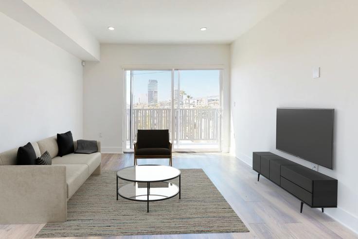 Sala de estar elegantemente projetada com móveis modernos em um apartamento no Bentley Woodland em Los Angeles, Los Angeles Sala de estar elegantemente projetada com móveis modernos em um apartamento no Bentley Woodland em Los Angeles, Los Angeles