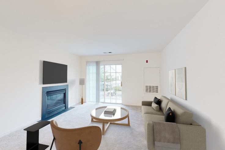 Sala de estar elegantemente projetada com móveis modernos em um apartamento no Avalon Commons em Smithtown, Smithtown Sala de estar elegantemente projetada com móveis modernos em um apartamento no Avalon Commons em Smithtown, Smithtown