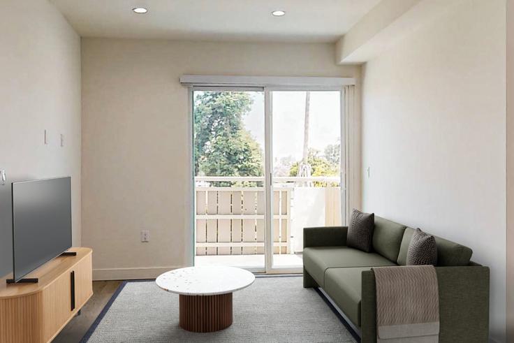 Elegant gestaltetes Wohnzimmer mit moderner Einrichtung in einer Wohnung im Venice Wave in Los Angeles, Los Angeles