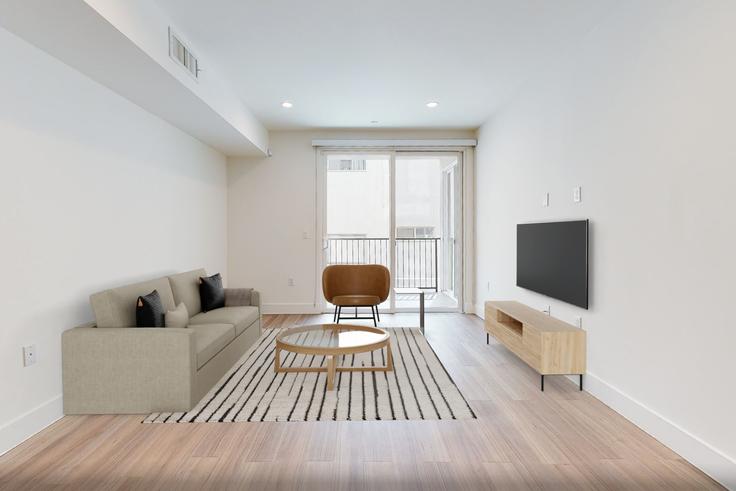 Elegantly designed living room with modern furnishings in an apartment at Barry Diamond in Los Angeles, Los Angeles
