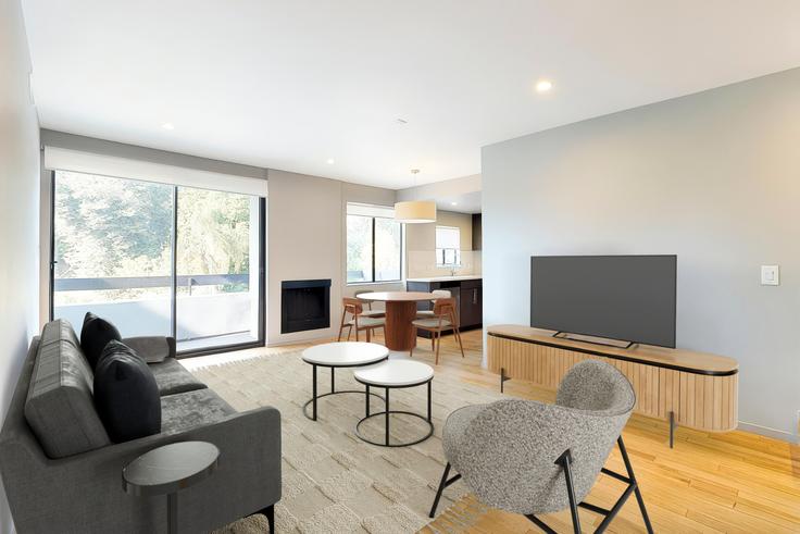 Los Angeles, Los Angeles 소재 888 Hilgard – Furnished Apartments 유닛에 마련된, 현대적인 가구로 꾸며진 우아한 디자인의 거실